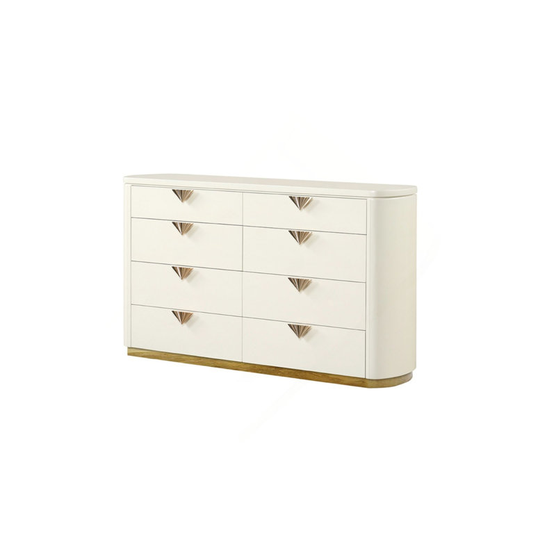 Commode 8 tiroirs de style moderne en bois et accents dorés beiges