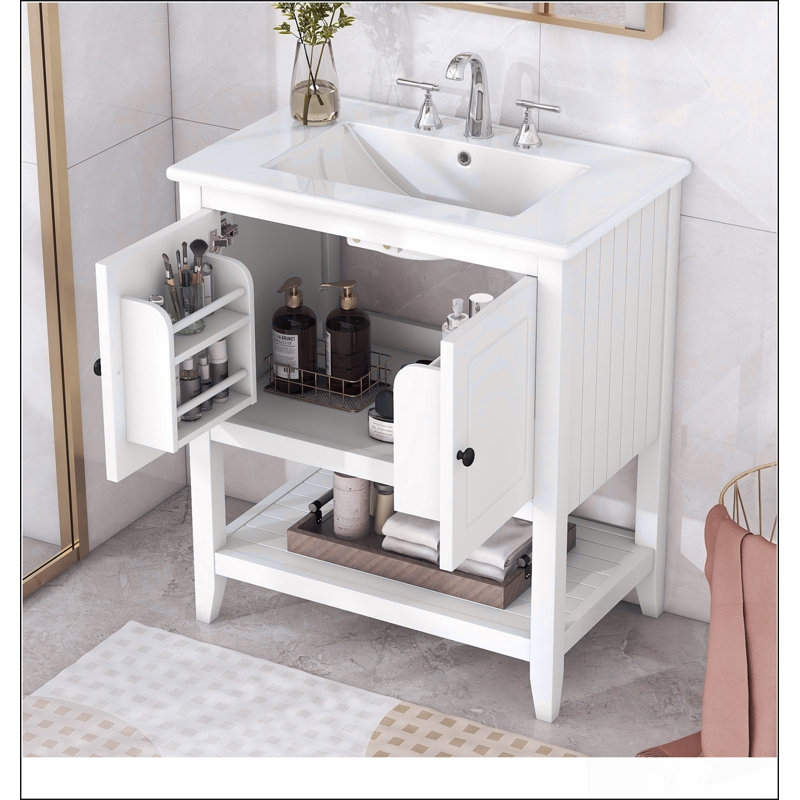 Lavabo de salle de bain moderne élégant en céramique blanche 24 po avec tablette ouverte en bois massif, Blanc, 24"