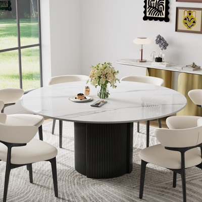 Table de salle à manger ronde 59,08 po, plateau circulaire en marbre avec base en acier inoxydable noir