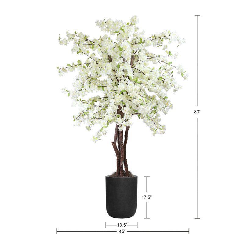 Faux Cherry Blossom Tree Plant in Fiberstone, Black