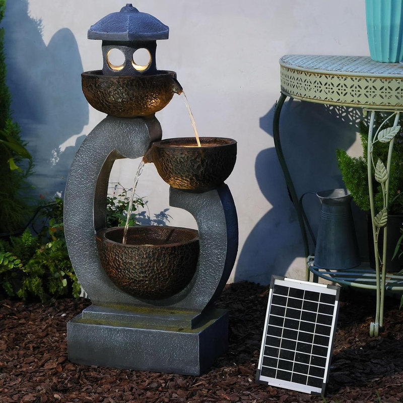 Solar-Powered Japanese Lantern 3-Tier Cascading Water Fountain with LED Lights, 35.2" Tall Resin Outdoor Water Feature for Garden Patio Zen Decor