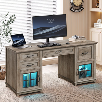 58" Executive Desk with Drawers and File Cabinet, Farmhouse Computer Desk with Power Outlet and LED Light