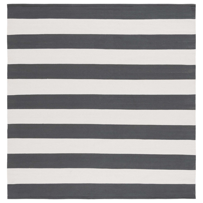 Tapis gris / ivoire en coton tissé à plat à la main Parik, Carré 7 pi