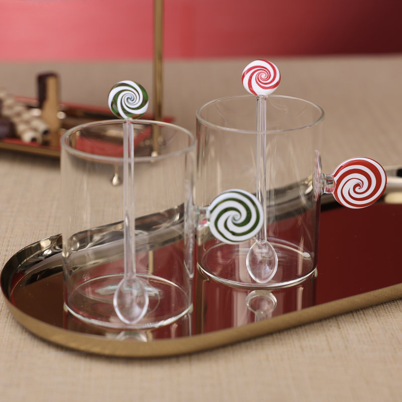 Tasses en verre à motif tourbillon de menthe poivrée, ensemble de 6, Red & White