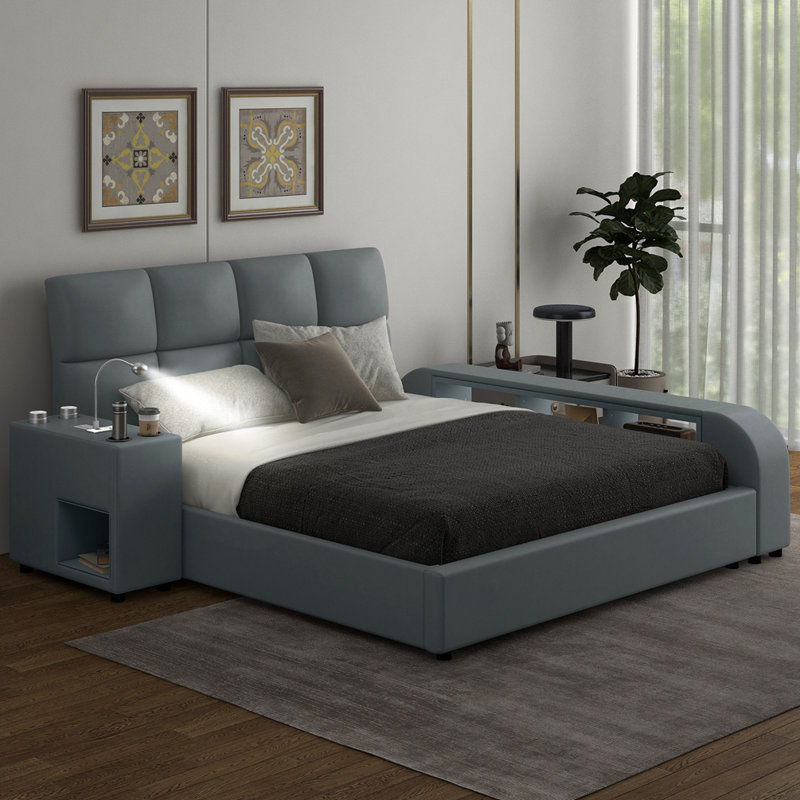 Lit plateforme avec rangement en cuir Ignram, gris