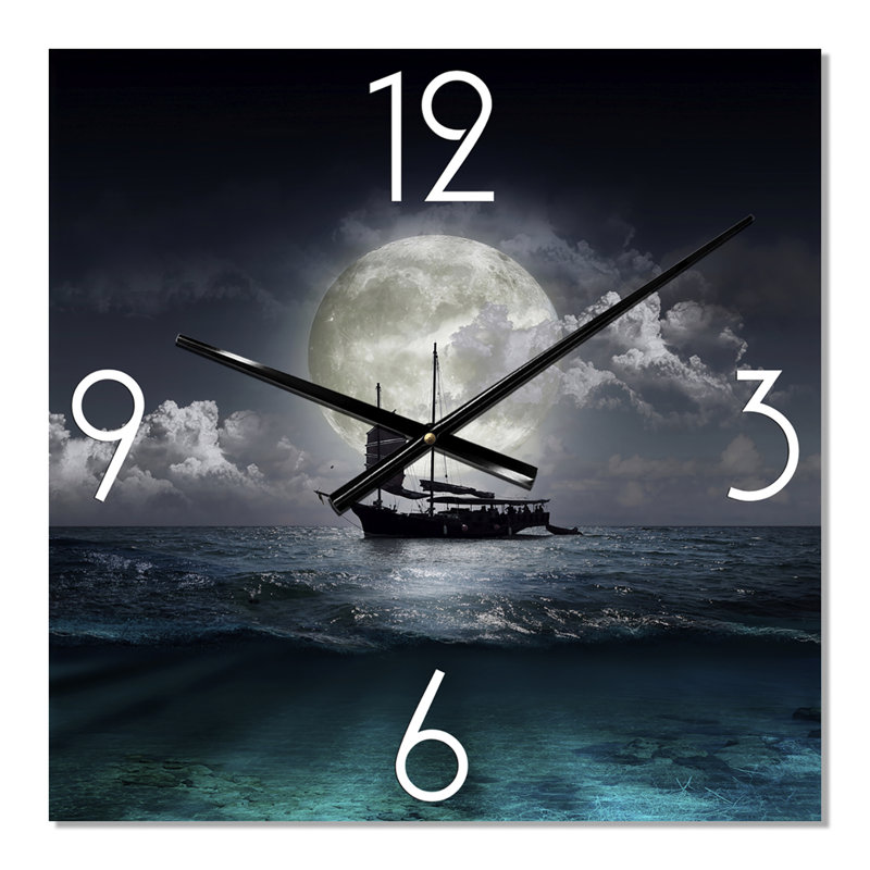 Pêcheur sur le lac pendant la pleine lune - Horloge murale nautique et côtière, Grand