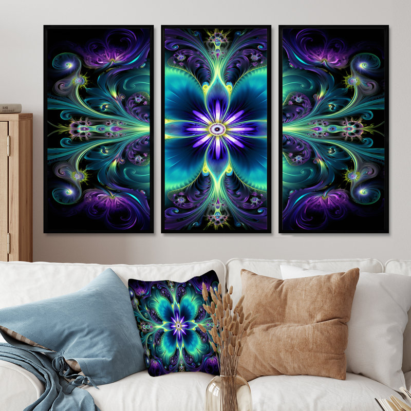 Turquoise néon fractal fleurs I - ensemble d'art mural mandala boho, Cadre flottant noir, H 28 po x l 36 po x P 1 po