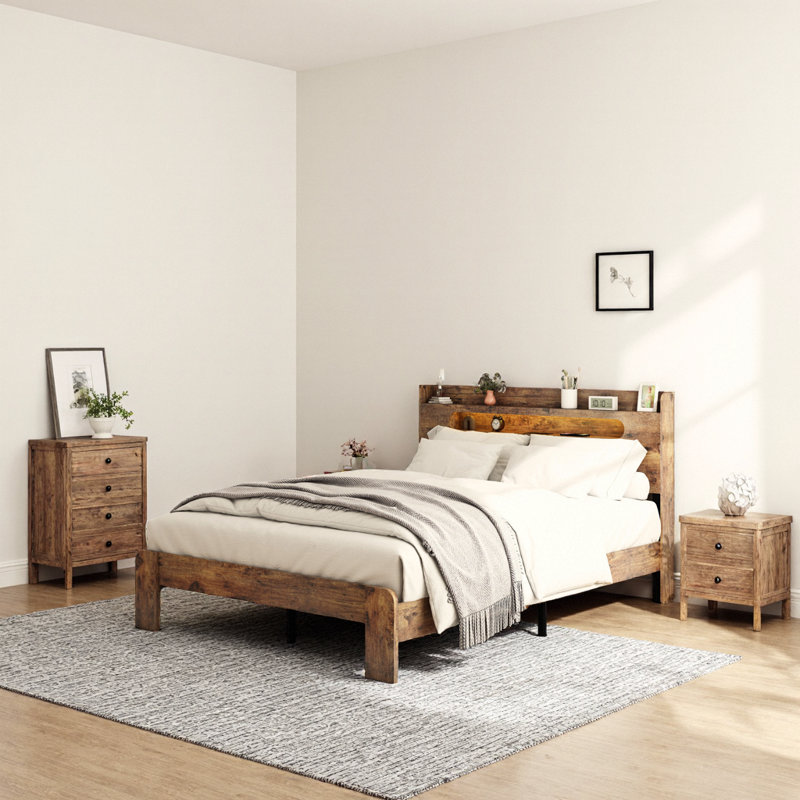 Structure de lit plateforme très grand en bois brun foncé avec tête de lit à DEL, ports USB, grand rangement sous le lit, conception silencieuse