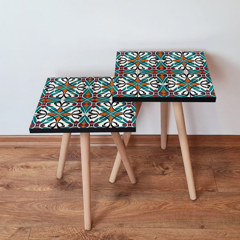 Élégantes tables gigognes (2 pièces) à motif géométrique de 13,8 po x 18,5 po x 13,8 po et de 13,8 po x 16,5 po x 13,8 po | 100% panneau de fibres à densité moyenne avec pieds en bois de hêtre | Parfait pour le salon et la décoration moderne, solution peu encombrante