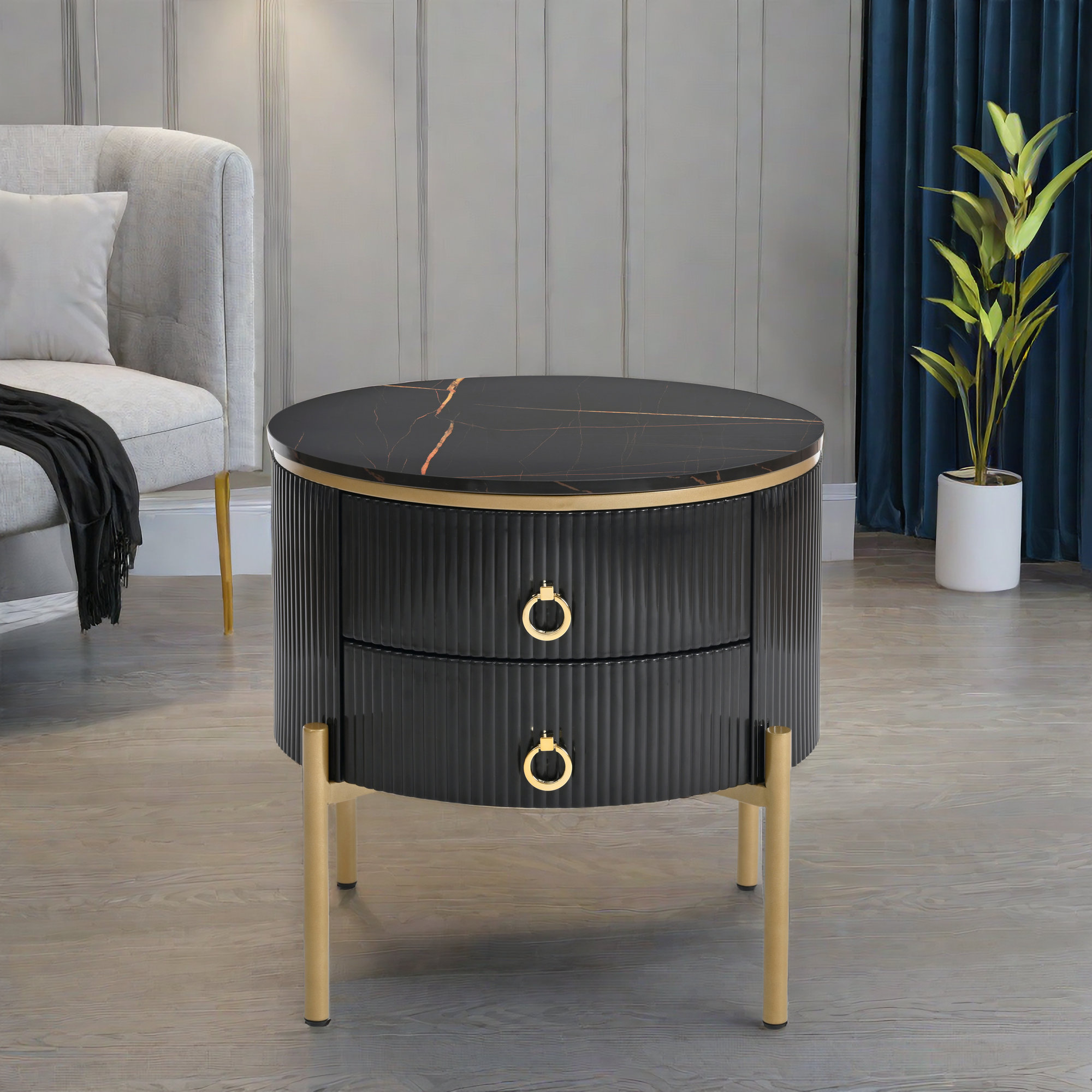 Drawer Mable Table Mercer41 Round End Table With Storage Drawers, Marble Tabletop And ...