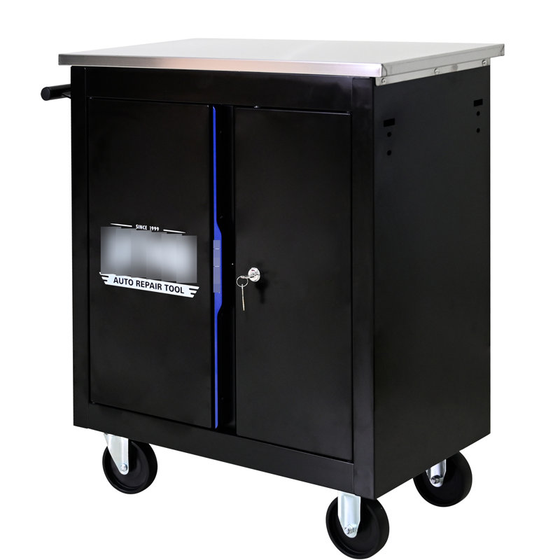 Coffre à outils noir + bleu avec hauteur de 25,98 pouces et rangement supplémentaire à double porte en clins amovible de 25,74 x 13,46 x 26,99 pouces