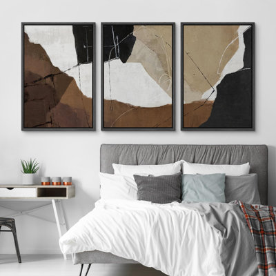 "Brun clair, blocs, style Mid-Century abstrait, formes, art, décor, salon chic", 3 pièces
