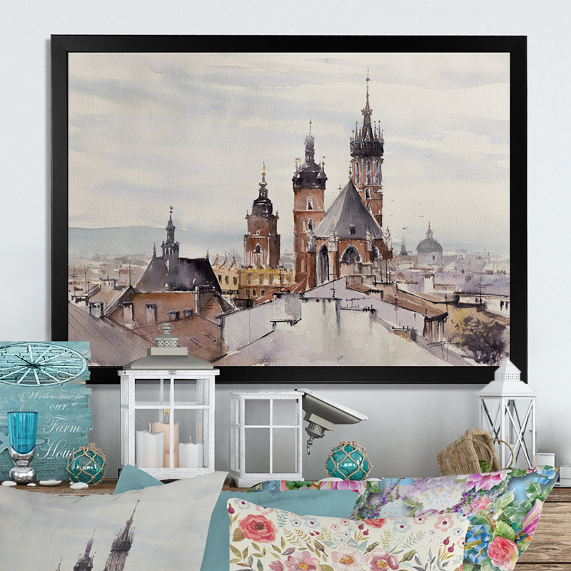 Vieille ville de Cracovie en Pologne - reproduction d'art sur toile, Cadre noir, H 12 po x l 20 po x P 1 po
