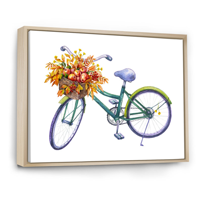 Vélo avec panier de pommes d'automne - reproduction sur toile, H 24 po x l 36 po x P 1 po, Cadre flottant brun