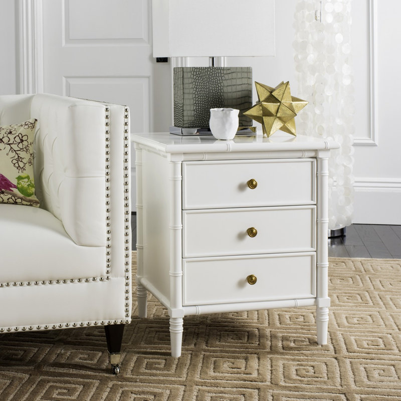 Elegant Amling 23'' W Nightstand –Glam Boho 3 Drawer Wood Chest with Bamboo Details & Neutral Finish, White