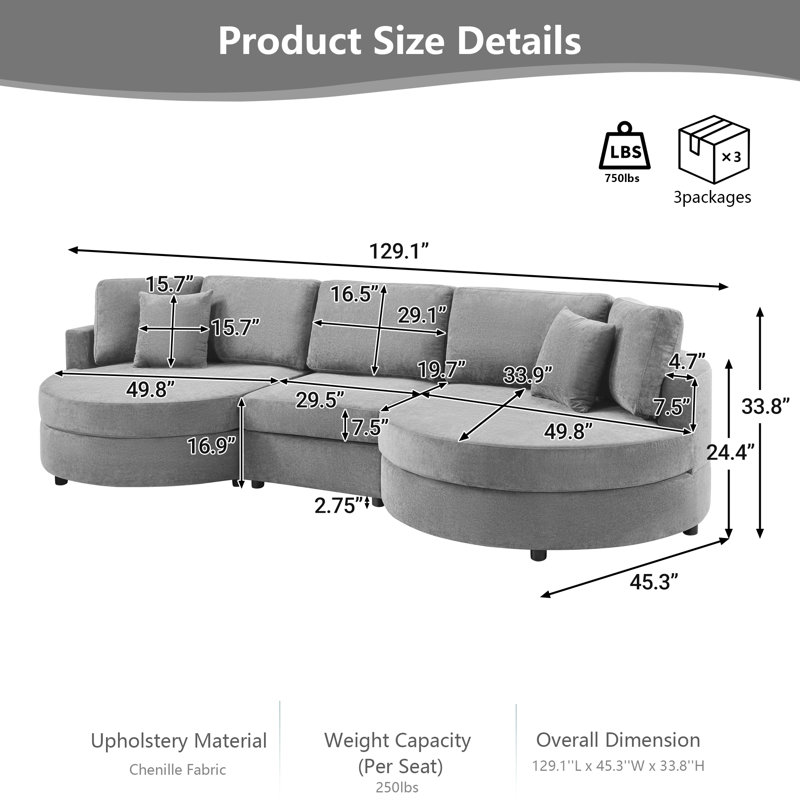 129-inch Curved 3-Seater Sectional Sofa with Plush Chenille Upholstery, 7.5-Inth Thick Pocket Spring Cushions & Two Throw Pillows, Modern Curved Design for Living Room