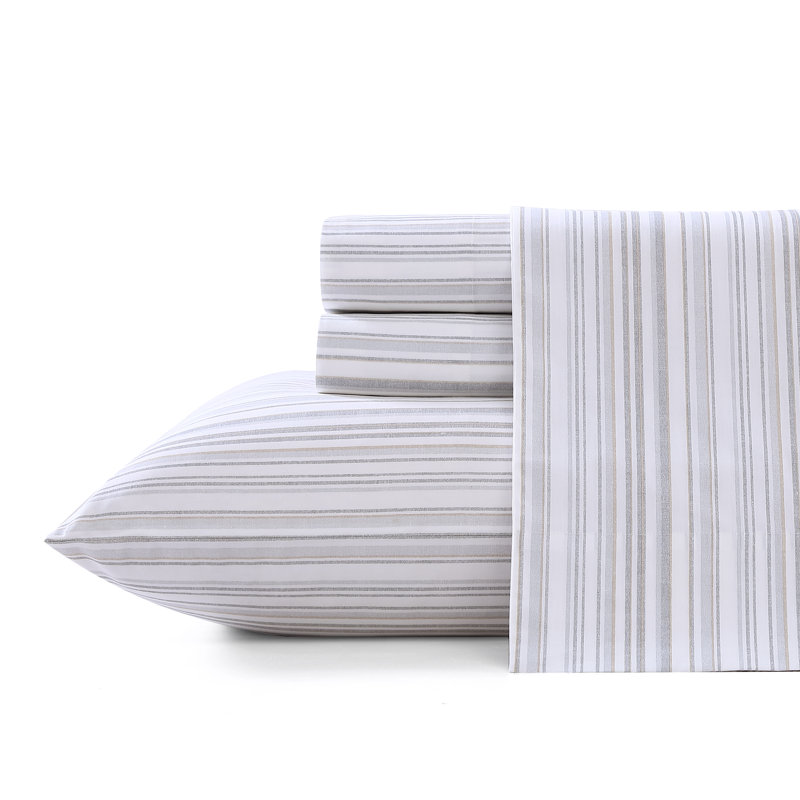 Ensemble de draps en coton percale Tommy Bahama, Ensemble de draps pour grand lit avec 2 taies d'or, Rayure blanche Kahanu