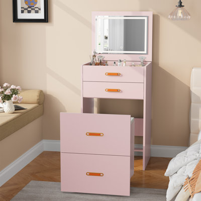 Coiffeuse de maquillage rose, coiffeuse en panneau de fibres à densité moyenne avec armoires et tiroirs de rangement, compacte pour la chambre à coucher