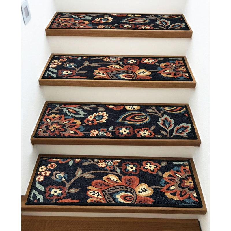 Tapis d'escalier taille basse sur mesure à motif floral noir sur mesure, Rectangle 26 po x 10,5 po, 7 pièces incluses