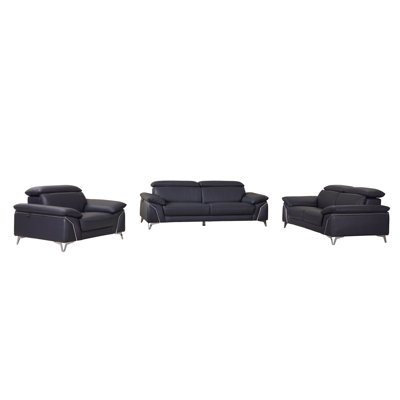 Navy Genuine Leather 3-Piece Sofa Set with Adjustable Headrests