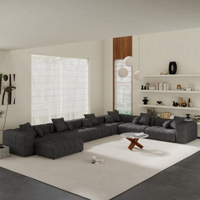 Kay Crumley 7-Piece Upholstered Modern Linen Fabric Sectional Sofa With Ottoman