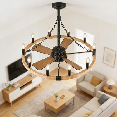 Rustic Wood Wagon Wheel Ceiling Fan With Light And Remote Control, 12-Light Fandelier For Farmhouse Decor, Adjustable For Bedroom Living Room Kitchen Dining Room