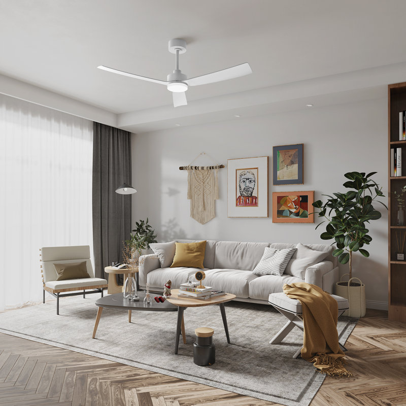 Ventilateur de plafond moderne à 3 pales de 52 po avec lumières DEL et télécommande, Blanc