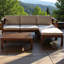 Ensemble de conversation modulaire d'extérieur en bois pour patio 5 pièces avec coussins, finition naturelle et coussins beiges