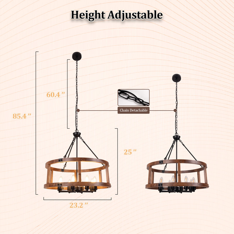 Lustre tambour rustique en bois brun 8 lumières Farmhouse pour îlot de cuisine sans ampoules incluses