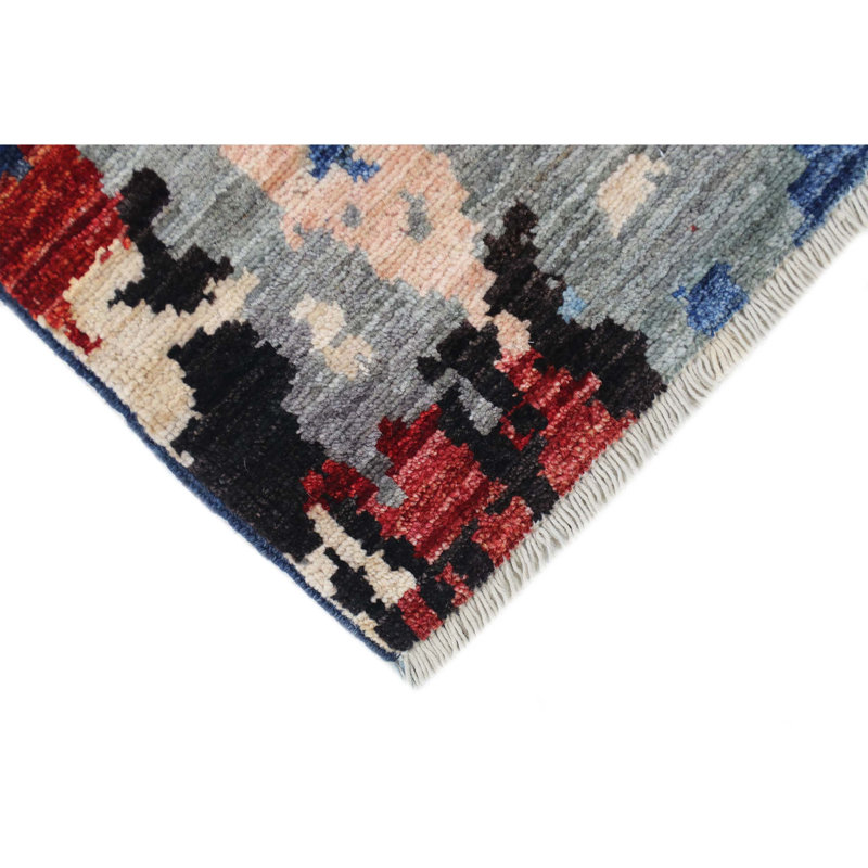 Tapis unique bleu, rouge, gris et ivoire de 2 pi 6 po x 9 pi 6 po