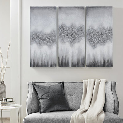 Luminous Canvas Wall Hangings, 3 Heavy Embellishment, Grey And Black Abstract, Glitter Natural Rocks, Indoor, 15"W X 35"H 1.5"D Each Art, With Indoor Only,