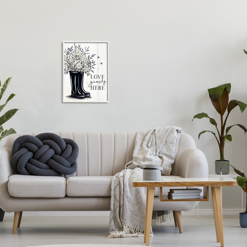 «Love Grows Here» blanc, H 16 po x l 16 po x P 1,5 po, Giclée encadrée blanc bord de mer