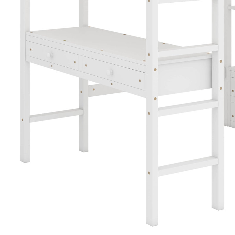 Full Size Loft Bed With Built-In Desk With Two Drawers And Storage Shelves And Drawers