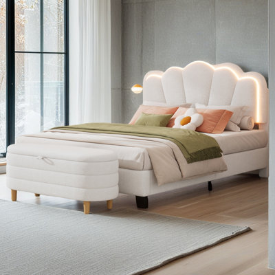 Ensemble de chambre à coucher 2 pièces avec lit plateforme tapissier en tissu Sherpa