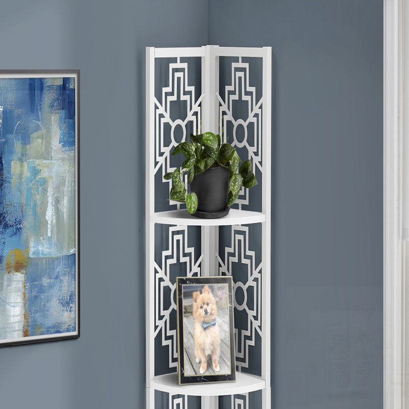 Étagère d'angle à 4 niveaux avec tablettes en stratifié et structure en métal pour un rangement peu encombrant au bureau ou dans la chambre à coucher