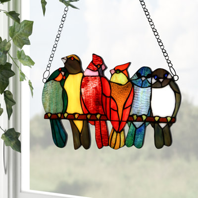 9.5"H Birds in Love Stained Glass Window Panel