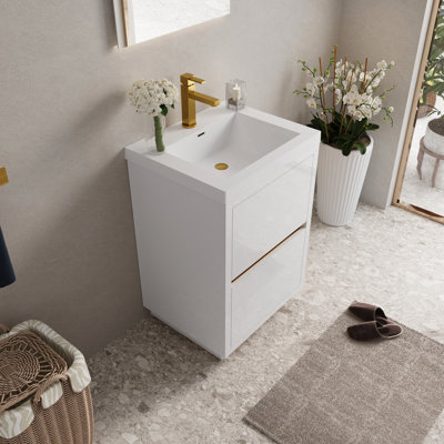 24" Bathroom Storage Vanity With Sink, Glossy White. Easy Installation Process. Ample Storage. Quality Stone Resin Countertop. Wooden Cabinet Pre-Assembled For Efficiency. Superior Wood