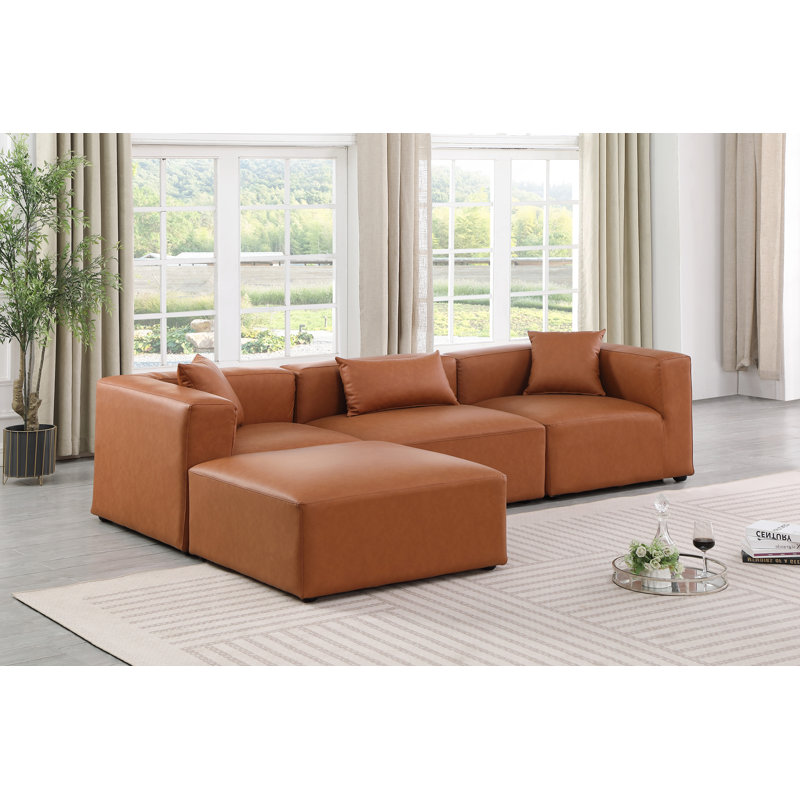 Ensemble modulaire de coin en similicuir 4 pièces, Cuir cognac végétalien
