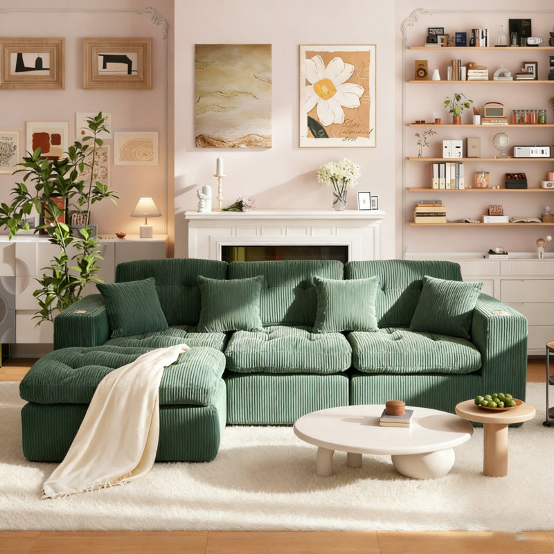 Canapé modulaire en L réversible de 105 po avec repose-pieds et coussins, canapé en tissu d'ameublement en velours côtelé moelleux et moderne, canapé spacieux pour salon et appartement