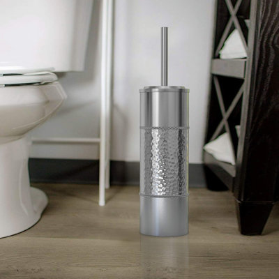 Stainless Steel Hammered Toilet Brush Holder for Bathroom Shiny Silver Finish Comes with a Complete Plastic Liner Inside to Prevent Dripping