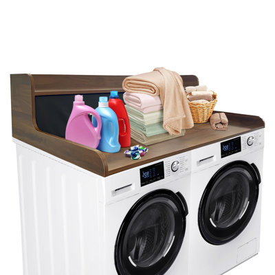 Comptoir de laveuse et sécheuse à 2 niveaux avec tablette et tiroir de 54 po x P 27,55 po, housse de surmatelas en bois pour laveuse-sécheuse avec coussin antidérapant pour l'organisation et le rangement de la salle de lavage