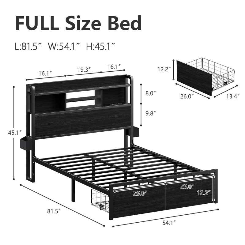 Full Bed Frame with 2 Storage Drawers, Modern Platform Bed with Charging Station & LED Light, No Spring Box Needed, Full