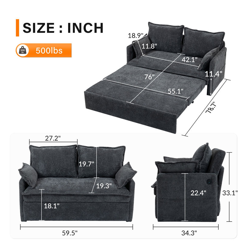 59.5" Convertible Sofa Bed 2-in-1 Upholstered Reclining Sleeper Sofa Couch Bed with Side Storage and USB/C-TYPE