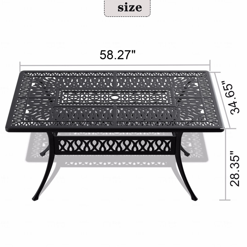 Table de salle à manger en fonte d'aluminium avec structure noire et trou pour parasol