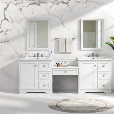 Meuble-lavabo moderne à double évier de 84 pouces avec comptoir en pierre d'ingénierie et grand rangement