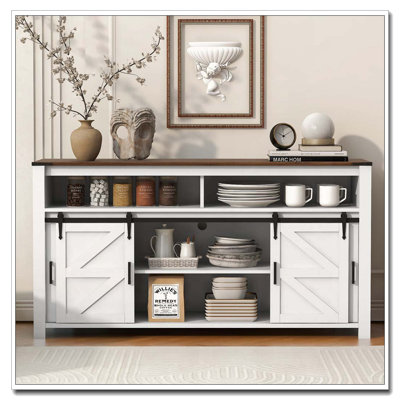 59.3''Sideboard With Sliding Barn Door And Mesh Panels,Farmhouse Buffet With Open Storage,Suitable For Living Room, Hallway, Balcony,Kitchen