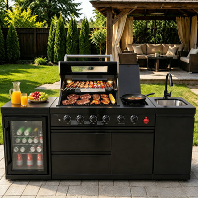 85" W 4-Burner 85000 Btu Gas Grill Island With Outdoor Rated Refrigerator And Sink And Granite Countertop In Stainless Steel