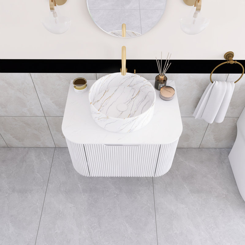 24 po Meuble-lavabo mural simple flottant en bois naturel avec plateau en marbre artificiel, Blanc