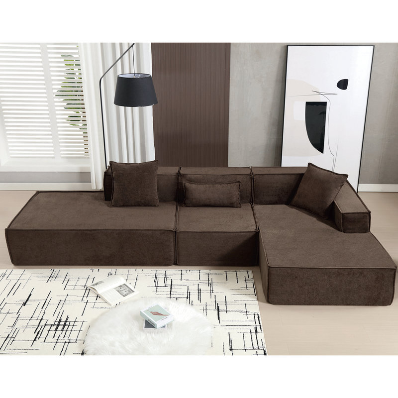 Upholstered Sectional, Right Hand Facing, Light Brown Polyester Blend