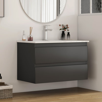  Meuble-lavabo mural avec lavabo combiné, tiroirs doubles, façades de tiroirs arrondies, système de fermeture en douceur, lavabo en céramique, conception sans poignée, bois massif, facile à installer